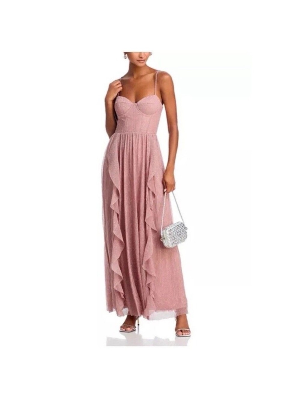 NWT AQUA x Wicked / Metallic Mesh Corset Ruffled Maxi Dress - Exclusive- size L